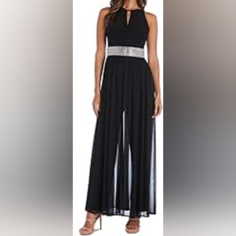 R &M Richards Women's Black Lace Covered Jumpsuit With Silver Studded Waist Band
